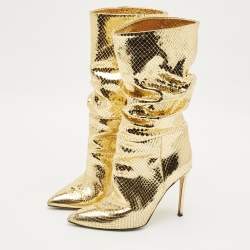Paris Texas Gold Croc Embossed Leather Slouchy Mid Calf Boots Size 39