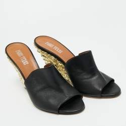 Pre Owned Paris Texas Black Leather Deia Wedge Sandals Size 38.5