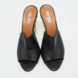 Pre Owned Paris Texas Black Leather Deia Wedge Sandals Size 38.5