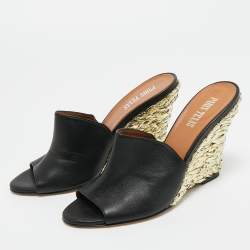 Pre Owned Paris Texas Black Leather Deia Wedge Sandals Size 38.5