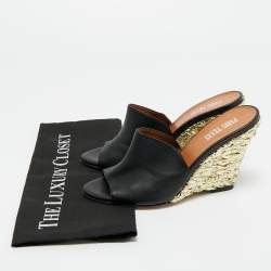 Pre Owned Paris Texas Black Leather Deia Wedge Sandals Size 38.5