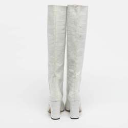 Pre Owned Paris Texas Green Croc Embossed Leather Knee Length Boots Size 39