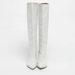 Pre Owned Paris Texas Green Croc Embossed Leather Knee Length Boots Size 39