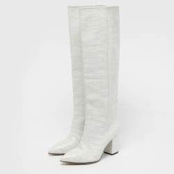 Pre Owned Paris Texas Green Croc Embossed Leather Knee Length Boots Size 39