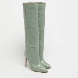 Pre Owned Paris Texas Green Croc Embossed Leather Knee Length Boots Size 39