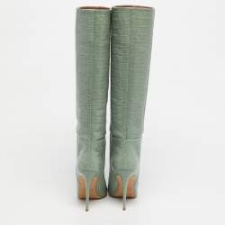 Pre Owned Paris Texas Green Croc Embossed Leather Knee Length Boots Size 39
