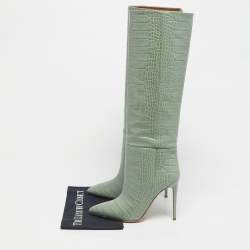 Pre Owned Paris Texas Green Croc Embossed Leather Knee Length Boots Size 39
