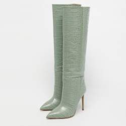 Pre Owned Paris Texas Green Croc Embossed Leather Knee Length Boots Size 39