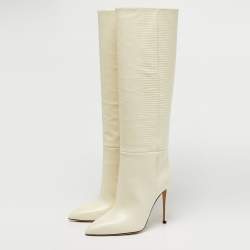 Pre Owned Paris Texas Cream Lizard Embossed Leather Knee Length Boots Size 39