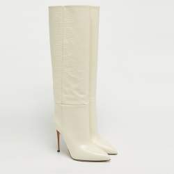 Pre Owned Paris Texas Cream Lizard Embossed Leather Knee Length Boots Size 39