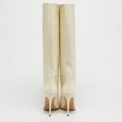 Pre Owned Paris Texas Cream Lizard Embossed Leather Knee Length Boots Size 39