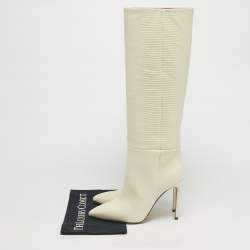 Pre Owned Paris Texas Cream Lizard Embossed Leather Knee Length Boots Size 39