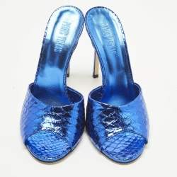 Pre Owned Paris Texas Stiletto Size 38 Blue Croc Embossed Leather Slide Sandals