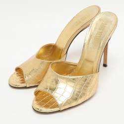 Pre Owned Paris Texas Size 38.5 Gold Metallic Faux Croc Effect Leather Slide Sandals