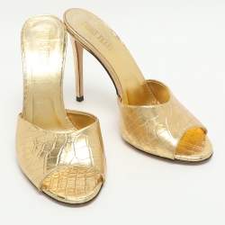 Pre Owned Paris Texas Size 38.5 Gold Metallic Faux Croc Effect Leather Slide Sandals