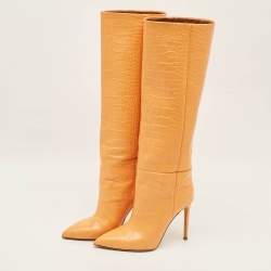 Pre Owned Paris Texas Size 38 Orange Croc Embossed Leather Knee Length Boots