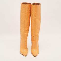 Pre Owned Paris Texas Size 38 Orange Croc Embossed Leather Knee Length Boots