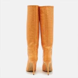 Pre Owned Paris Texas Size 38 Orange Croc Embossed Leather Knee Length Boots