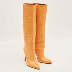 Pre Owned Paris Texas Size 38 Orange Croc Embossed Leather Knee Length Boots