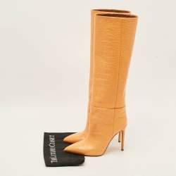 Pre Owned Paris Texas Size 38 Orange Croc Embossed Leather Knee Length Boots
