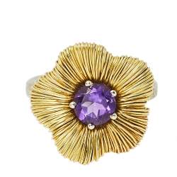 Pasquale Bruni Penelope Amethyst 18K Two Tone Gold Flower Ring Size 53