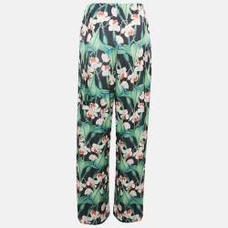 Pre Owned PATBO Black Floral Print Satin Belted Wide-Leg Pants S