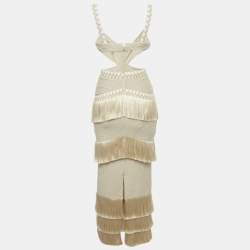 Pre Owned PATBO Beige Metallic Knit Fringe Detail Maxi Dress XS