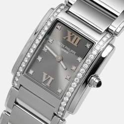 Pre Owned Patek Philippe Grey Stainless Steel Diamonds Twenty-4 4910/10A-010 Women's Wristwatch 25 mm