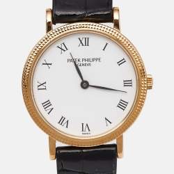 Pre Owned Patek Philippe White 18K Yellow Gold Alligator Leather Calatrava 4819 Women's Wristwatch 25 mm