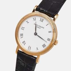 Pre Owned Patek Philippe White 18K Yellow Gold Alligator Leather Calatrava 4819 Women's Wristwatch 25 mm