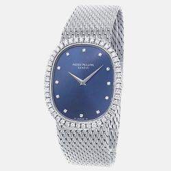 Pre Owned Patek Philippe Golden Ellipse 3748/009 Manual Winding Blue Dial 18k White Gold Diamond Women's Wristwatch 29 mm