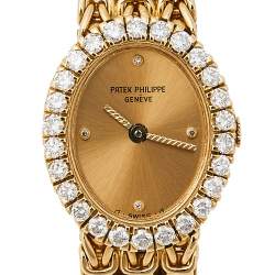 Pre Owned Patek Philippe Champagne Diamonds 18K Yellow Gold Vintage Oval 4752/001 Women's Wristwatch 18 MM