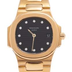 Pre Owned Patek Philippe Black 18K Yellow Gold Diamonds Nautilus 4700 Women's Wristwatch 27 mm