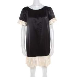 Paul and Joe Black Satin Contrast Ruffled Trim Detail Dress S