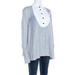 Paul & Joe Grey Basketweave Cotton Contrast Yoke Long Sleeve Top ( One Size )
