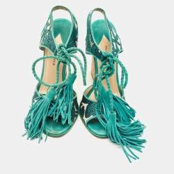 Pre Owned Paul Andrew Blue/Silver Fabric and Suede Ankle Tassel Tie Wedge Sandals Size 40