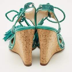 Pre Owned Paul Andrew Blue/Silver Fabric and Suede Ankle Tassel Tie Wedge Sandals Size 40