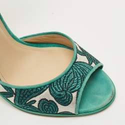 Pre Owned Paul Andrew Blue/Silver Fabric and Suede Ankle Tassel Tie Wedge Sandals Size 40