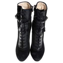 Paul Andrew Black Suede And Embossed Leather Lace Up Ankle Boots Size 38.5