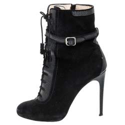 Paul Andrew Black Suede And Embossed Leather Lace Up Ankle Boots Size 38.5