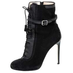 Paul Andrew Black Suede And Embossed Leather Lace Up Ankle Boots Size 38.5