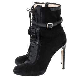 Paul Andrew Black Suede And Embossed Leather Lace Up Ankle Boots Size 38.5