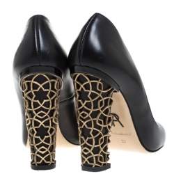 Paul Andrew Black Leather Bursa Arabesque Block Heel Pumps Size 37