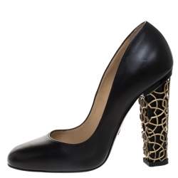 Paul Andrew Black Leather Bursa Arabesque Block Heel Pumps Size 37