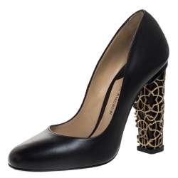 Paul Andrew Black Leather Bursa Arabesque Block Heel Pumps Size 37