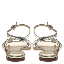 Paul Andrew Metallic Silver Leather Floral Embellished Flat Ankle Strap Sandals Size 40