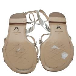 Paul Andrew Metallic Silver Leather Floral Embellished Flat Ankle Strap Sandals Size 40
