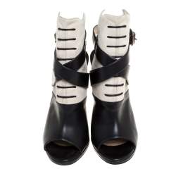 Paul Andrew Black Leather And Suede Criss Cross Open Toe Ankle Strap Booties Size 38