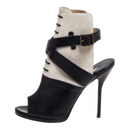 Paul Andrew Black Leather And Suede Criss Cross Open Toe Ankle Strap Booties Size 38