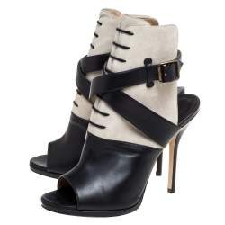 Paul Andrew Black Leather And Suede Criss Cross Open Toe Ankle Strap Booties Size 38